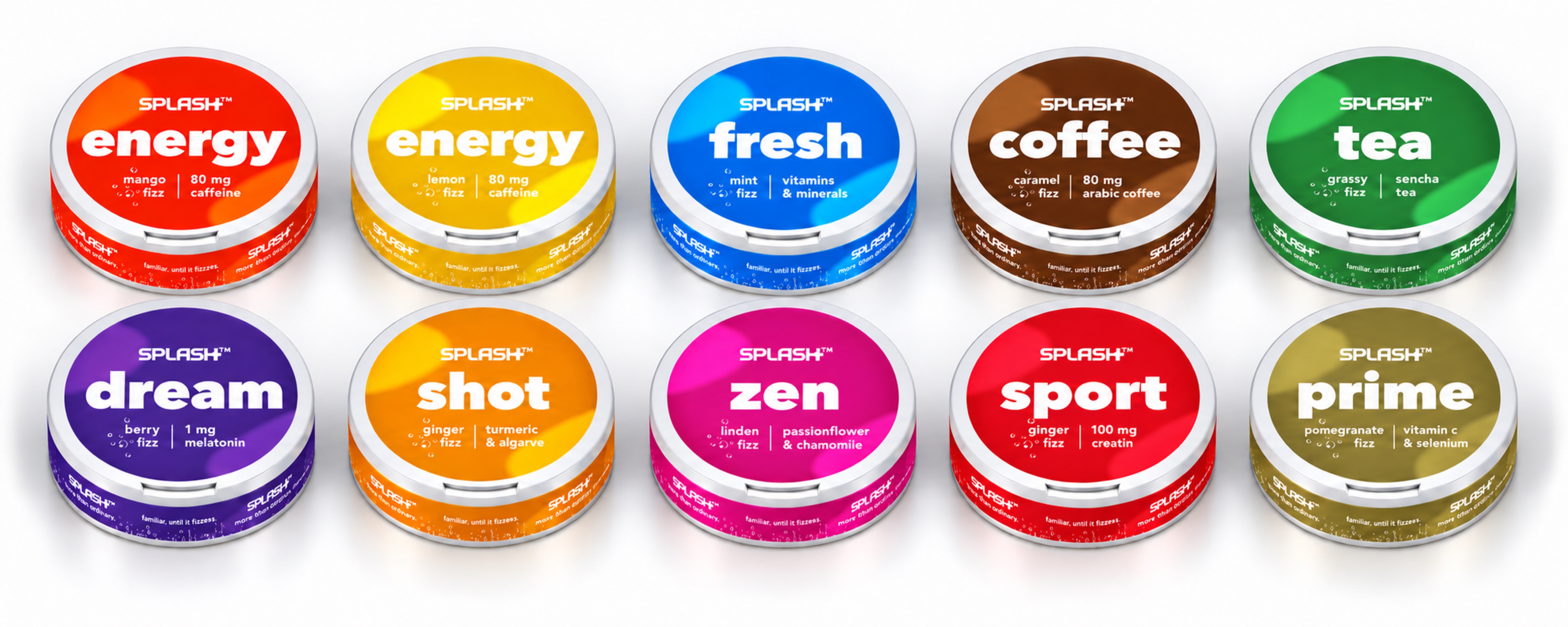 Ten white SPLASH pouch cans arranged in two rows: energy mango, energy lemon, fresh mint, coffee caramel, tea sencha, dream berry, shot ginger, zen linden, sport ginger, and prime pomegranate